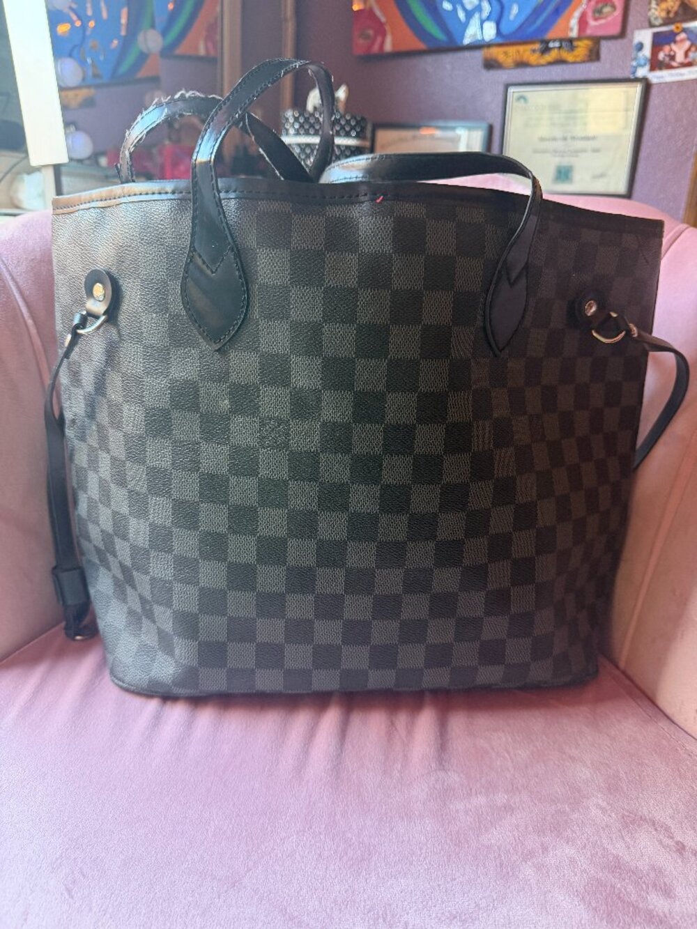 Black Checkered Tote Bag with Red Interior – Large Carryall Purse